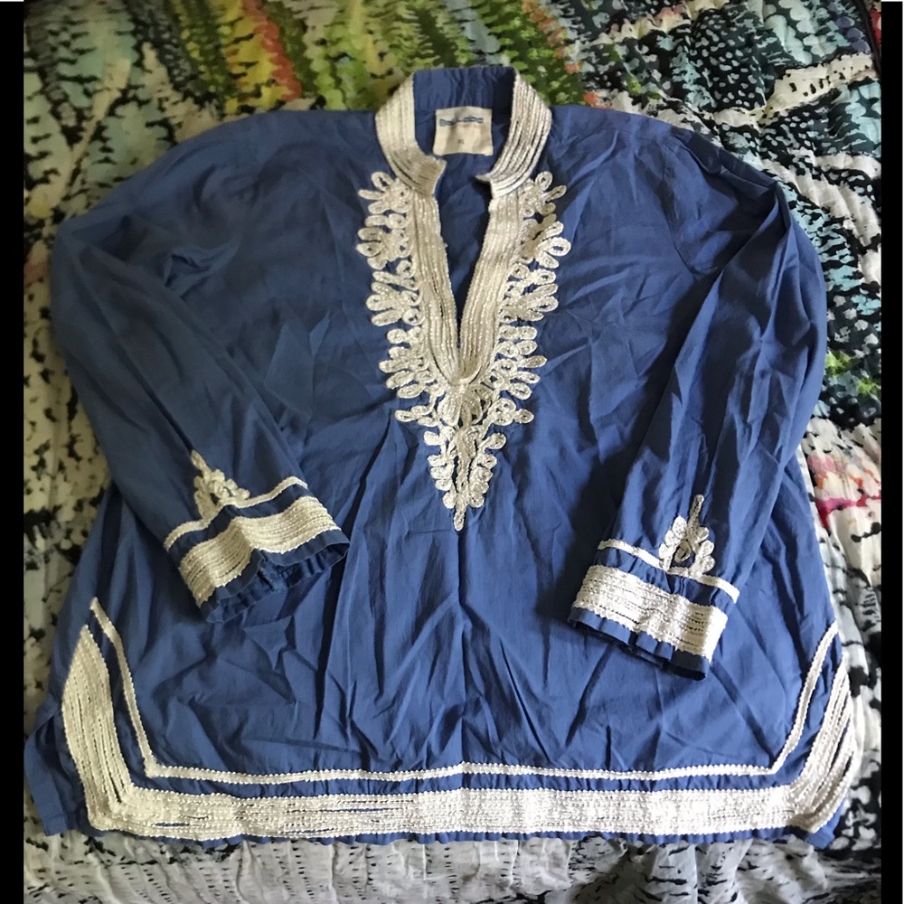Gallabia blue cotton embroidered India tunic XL